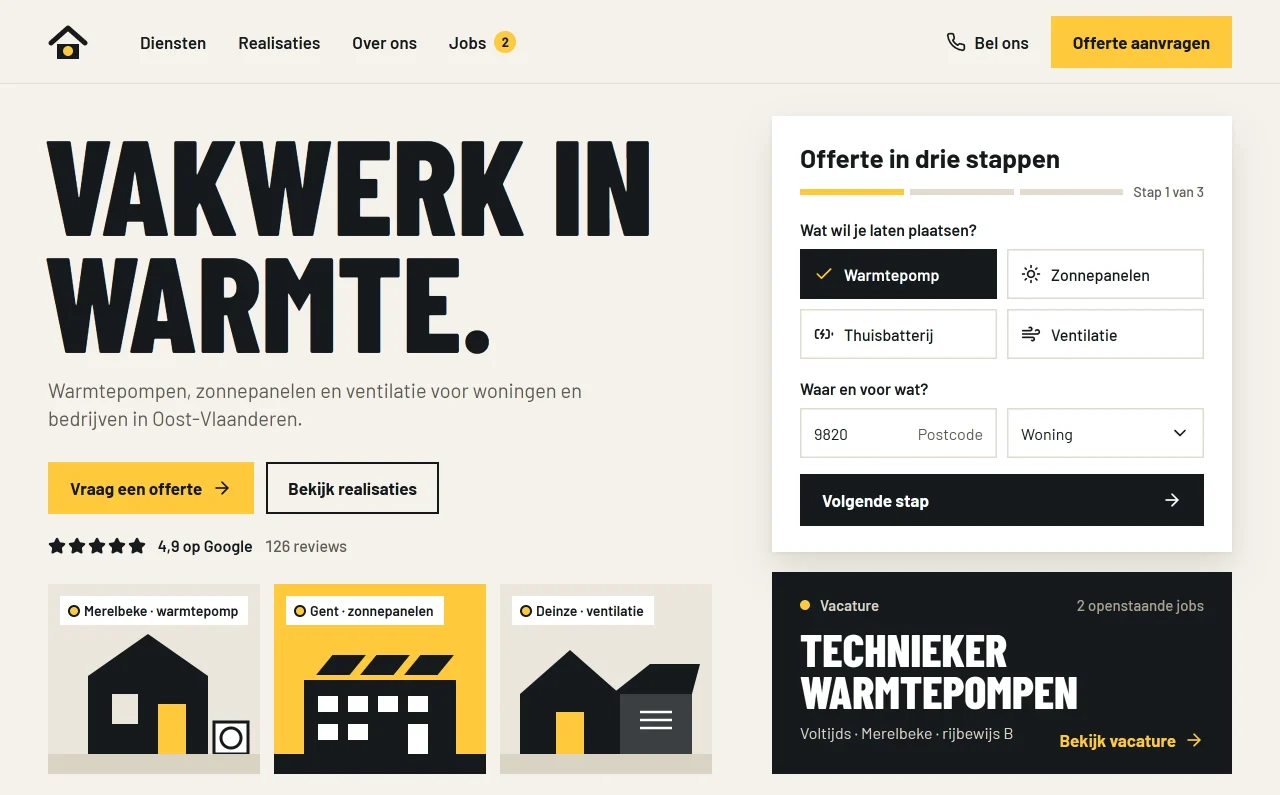 Site van een installateur met een offerteaanvraag in drie stappen, realisaties uit de buurt, Google-reviews en een vacature voor een technieker.