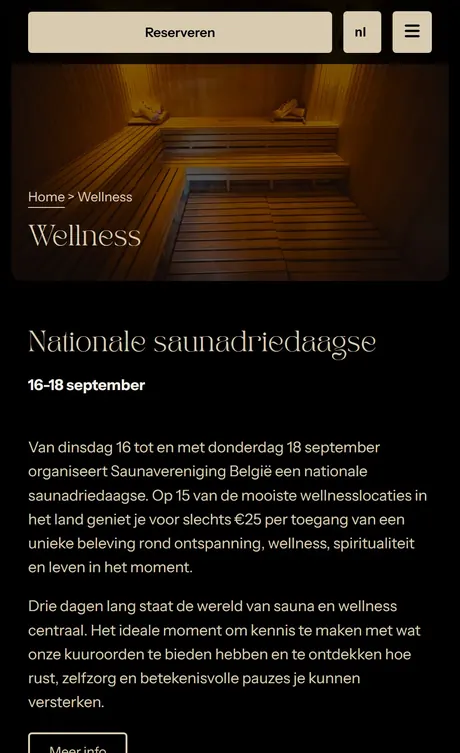 Asanti.be op een smartphone, wellnesspagina in één kolom