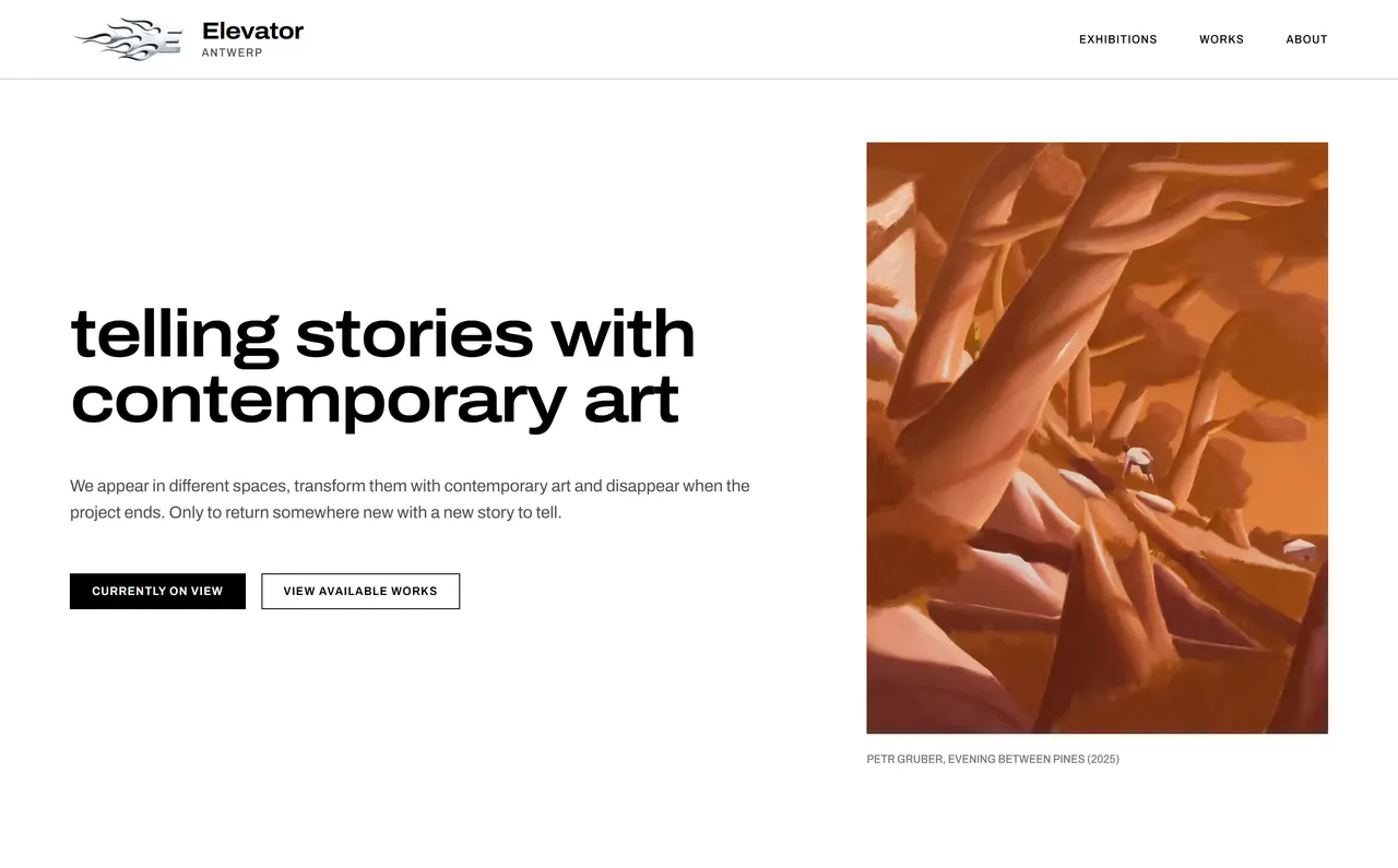 Startpagina van elevator-antwerp.com met een kunstwerk in beeld