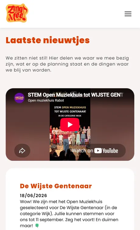 Nieuwspagina van Zing Mee vzw op een smartphone